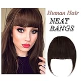 Clip in Human Hair Fringe with Temple Front Neat Bangs Hair Extension Thick Full Tied Bangs Flat Fringe Hair Piece for Women One Piece #02 Dark Brown