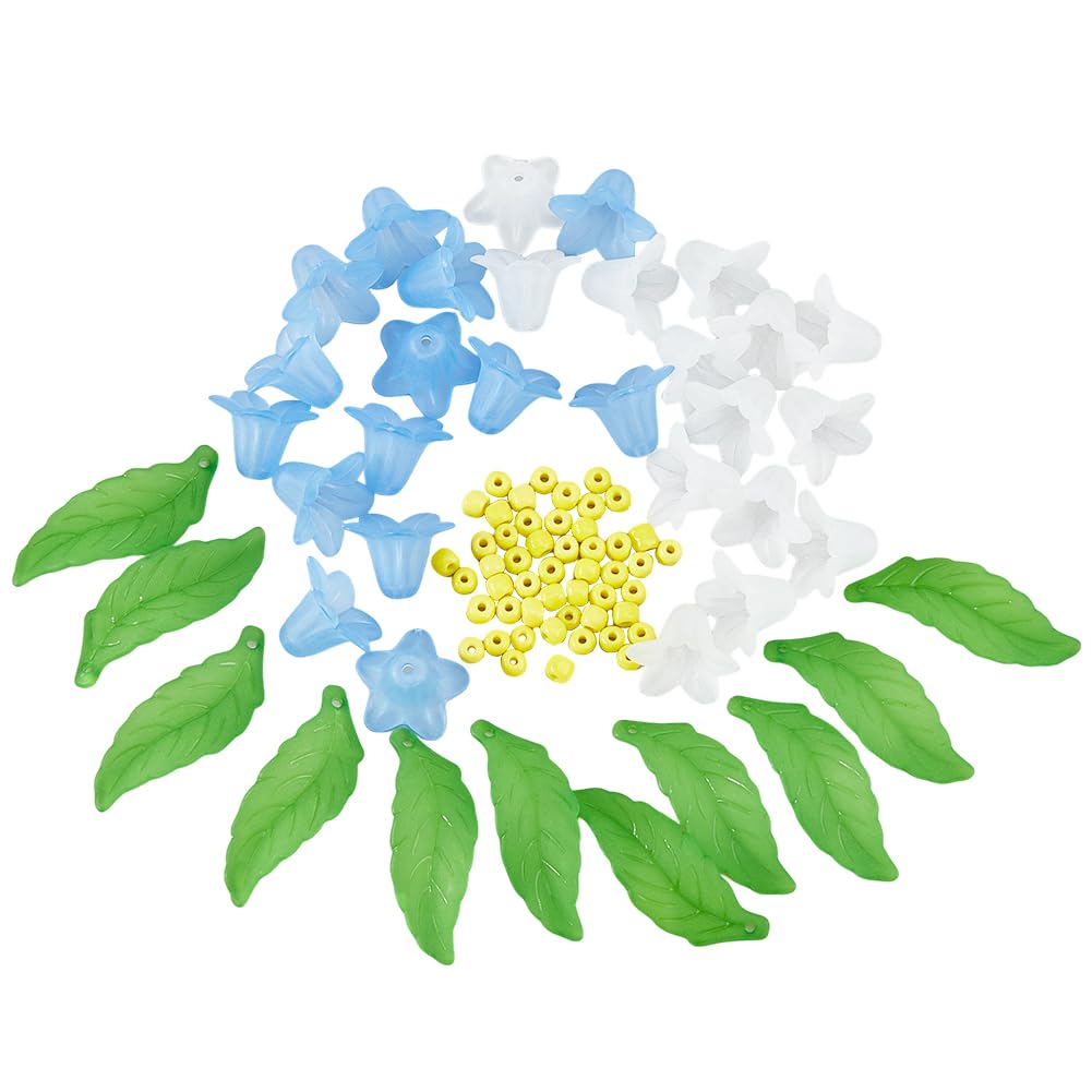 SUPERFINDINGS 160Pcs Acrylic Flower Leaf Beads Tulip Beads Transparent Flowers Leaves Beads Caps Blue White Flower Plastic Beads with Green Leaves Yellow Pistil Beads for Jewelry Making DIY