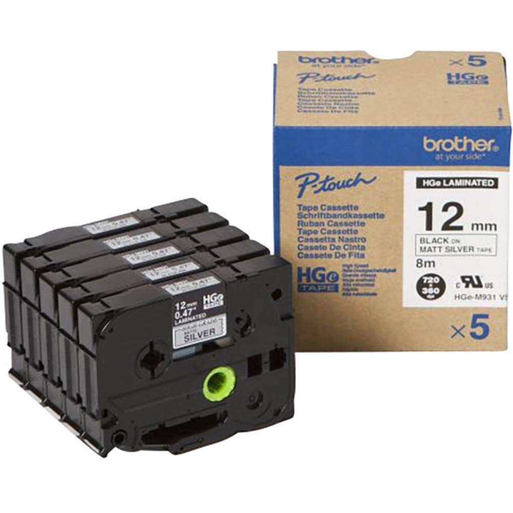 Brother HGE-M931V5 - Black on silver - Roll (1.2 cm x 8 m) 5 cassette(s) laminated tape - for P-Touch PT-9500pc, PT-9700PC, PT-9800PCN, P-Touch R RL-700S