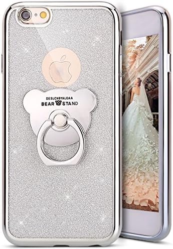 iPhone 5S Case,iPhone SE Case,PHEZEN Girls Bling Glitter Sparkle TPU Case with 360 Ring Stand Holder,Chrome Soft Silicone Rubber Bumper Protective iPhone 5 5S SE Case for Women Girls, Silver