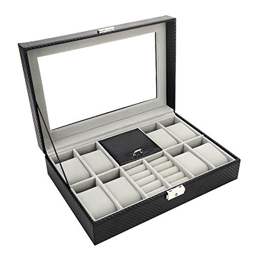 SILYHEART Watch Box Organizer Black Pu Leather Jewelry Display Case Storage Tray for Women & Men