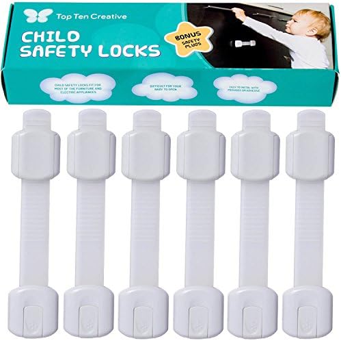 Child Safety Locks Set Of 6 PLUS 4 Outlet Plugs &amp; 4 EXTRA 3M Adhesives, Tool-Free Installation, Strong 3M Tape and Adjustable Strap, Latches to Baby proof Cabinets, Drawers, Appliances, Toilets