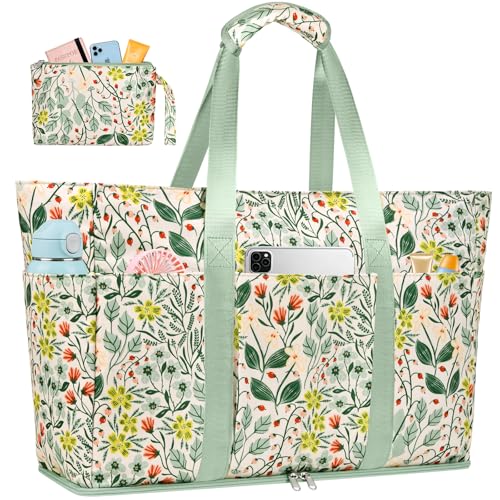 LUROON Large XXL Family Beach Bag with Zip, Waterproof, Women's Beach Bag, Foldable, Shopper, Beach Bag for Travel, Shopping, 50 x 35 x 20 cm, green