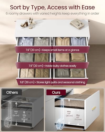 VASAGLE Custos Collection - Dresser for Bedroom, Chest of Drawers for Closet, Modern Style, TV Stand for Living Room, 6 Drawers, 40 x 119 x 78 cm, Cloud White ULTS416WB03