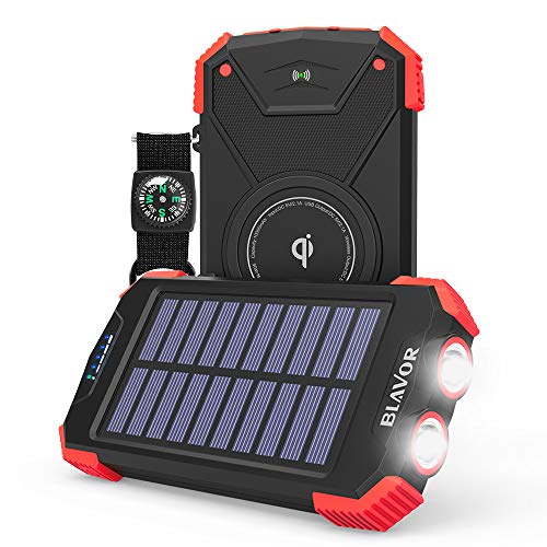 Solar Charger 10000mAh, Portable Solar Power Bank IPX4 Outdoor Travel Qi Wireless Solar Panel Charger External Battery Pack Type-C Input Port Dual Flashlight Compass, DC 5V/2.1A Input Red