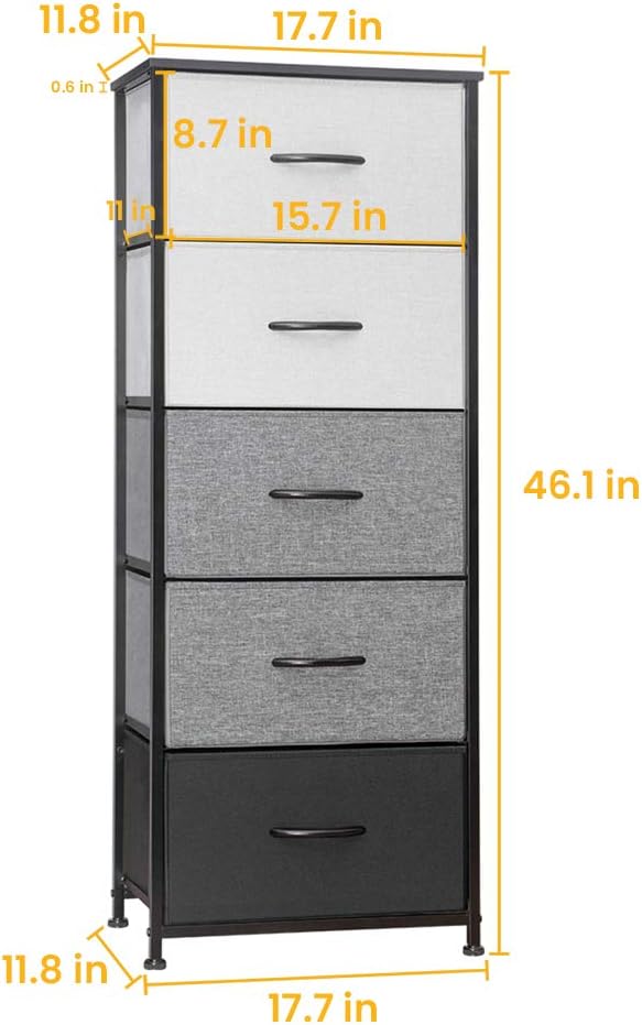 Crestlive Products Vertical Dresser Storage Tower - Sturdy Steel Frame, Wood Top, Easy Pull Fabric Bins, Wood Handles - Organizer Unit for Bedroom, Hallway, Entryway, Closets - 5 Drawers (Black&Gray): Home & Kitchen