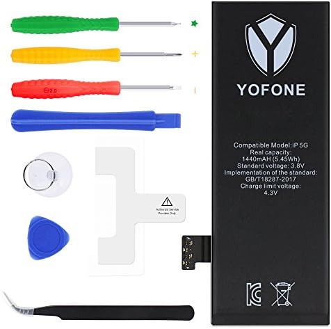 YOFONE Battery for iPhone 5, with Complete Repair Tools Kit, Glue Adhesive &amp; Instruction - (A1428, A1429, A1442) 1440mAh Li-ion Replacement Battery