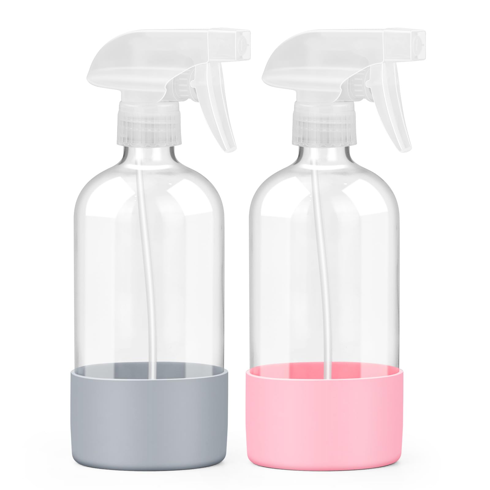 Photo 1 of Worldgsb 2 Pack Glass Spray Bottles with Silicone Sleeve, 16 oz Empty Refillable Containers with Adjustable Spray Nozzles, Spray Bottles for Hair, Cleaning Solutions and Plants Pink&Grey