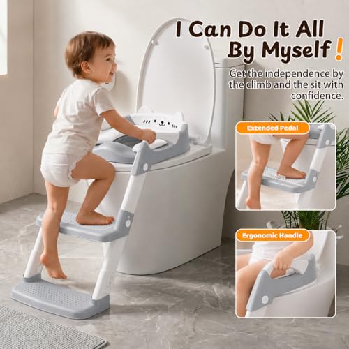 Adaptador Wc Niños - Reductor Wc Niños - Pedal Ampliado y Antideslizante | Fácil de Montar y Guardar | Altura Ajustable | Protector Antisalpicaduras | Asa | para Niños Niñas en el Baño - Gris