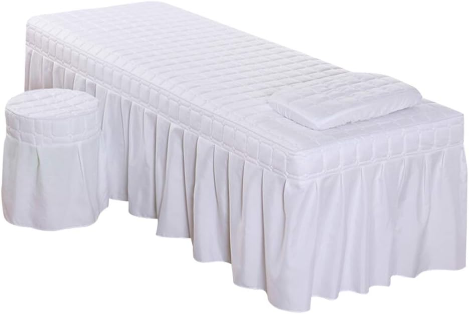 Solid Color Massage Table Skirt Pillowcase Stool Cover Beauty Facial Bed Bedding Linen Set - White-S, as described
