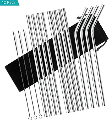 Stainless Steel Drinking Straw, Chacca Set of 12 Reusable Metal Straw with 3 Cleaning Brushes for Milkshake Smoothie Cold Beverage Solid Drinks,Fit 20OZ YETI Ozark Tumbler Cups, 10.5 Inch Long