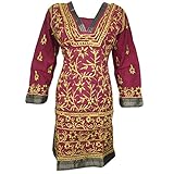 Womans Dress Kurta Maroon Floral Embroidered Cotton Indian Tunic Dresses