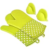 KEDSUM Heat Resistant Silicone Oven Mitts, 1 Pair of Extra Long Potholder Gloves with Bonus 1 Pair of Mini Cooking Pinch Grips, Non-Slip Cotton Lining Kitchen Glove for Baking, Barbeque, Green