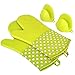 KEDSUM Heat Resistant Silicone Oven Mitts, 1 Pair of Extra Long Potholder Gloves with Bonus 1 Pair of Mini Cooking Pinch Grips, Non-Slip Cotton Lining Kitchen Glove for Baking, Barbeque, Green