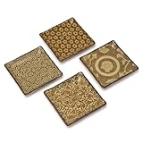 Japanese Stoneware Plate Set Includes 4 Plates Each with a Different Design, Sepia