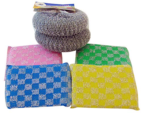 Premium Dish Scrubbing Set Nylon Dish 4 Scouring Pads Sponges Mesh Scourers Pack with 2 Metal Scrubbers - Thumbnail 2