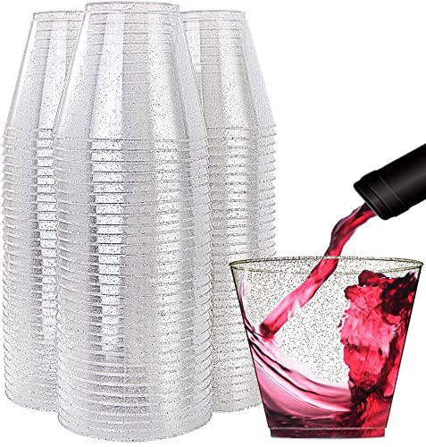 KAHEIGN 60Pcs Clear Plastic Cups, 270ml Silver Glitter Plastic Tumblers Reusable Drink Cups Elegant Party Wine Glasses for Cocktail Champagne Beer Martini Soda Dessert (7 x 8.5cm)