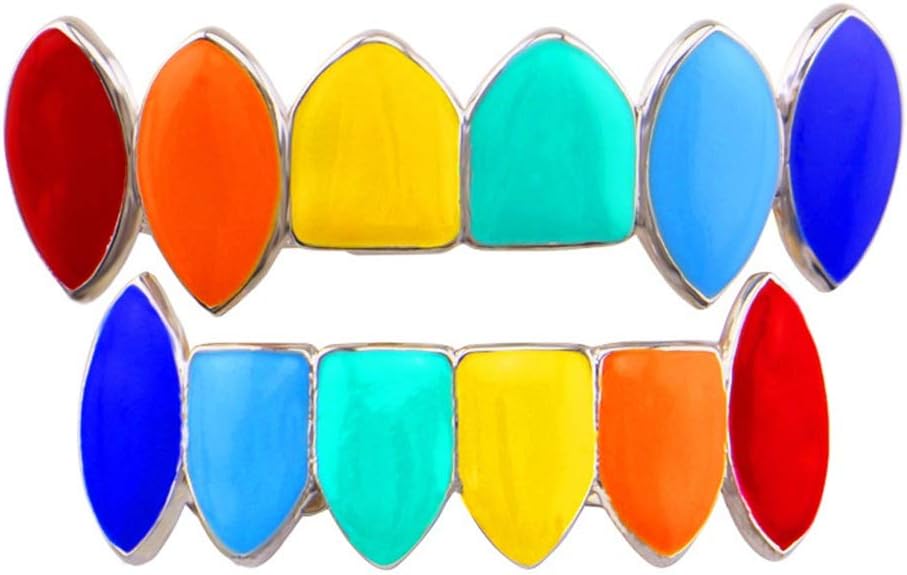 GJF 14k Gold Silver Plated Rainbow Color Vampire Fangs Grillz Set (color : Gold)