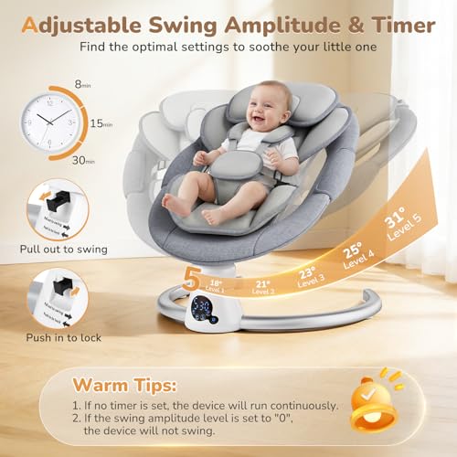 Hamaca Eléctrica para Bebé con Mando a Distancia y App,Mecedora con 5 Velocidades de Balanceo,3 Temporizadores,Arnés de 5 Puntos,2 Posiciones del Asiento,Silla Mecedora para 0-9 kg de Bebé-Gris