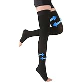 Thigh High Compression Stockings Toeless - Unisex, Opaque, KEKING 20-30mmHg Graduated Compression Leg Support Hose with Anti-Slip Silicone Band - Swelling, Varicose Veins, Edema, Travel, Black Medium