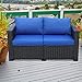 Rattaner Patio PE Wicker Sofa Outdoor Garden Love Seat Chair Couch Furniture Black Rattan with Blue Cushion