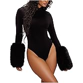LETSVDO Sexy Bodysuits for Women Turtleneck Faux Fur Cuff Long Sleeve Shapewear Body Suits Going Out Romper Tops