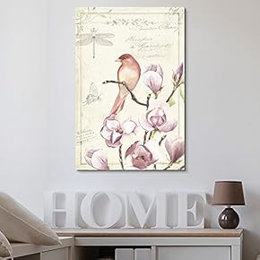 Canvas Wall Art - Vintage Style Red Bird on The Blooming Flower Branch - Giclee Print Gallery Wrap Modern Home Art Ready to Hang - 12x18 inches