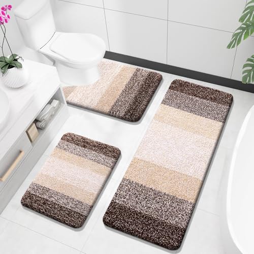 Photo 1 of OLANLY Bathroom Rugs Sets 3 Piece, Soft Absorbent Microfiber Bath Mats and U-Shaped Contour Toilet Rug, Plush Shaggy Bath Mat Set for Bathroom (47"x20"+24"x16"+24"x20", Brown)