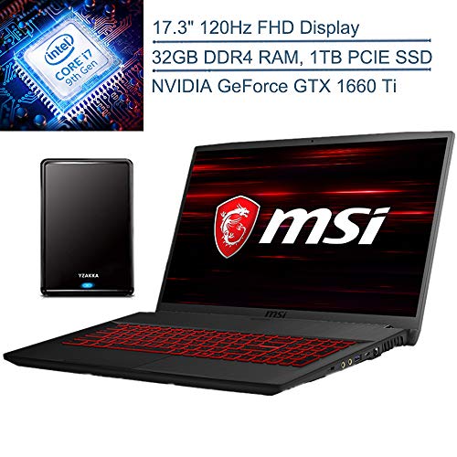 2020 MSI GF75 17.3″ 120Hz FHD Gaming Laptop Computer, 9th Gen Intel Hexa-Core i7-9750H, 32GB DDR4 RAM, 1TB PCIE SSD, GeForce GTX 1660 Ti 6GB, Backlit KB, Windows 10, YZAKKA 500GB External Hard Drive