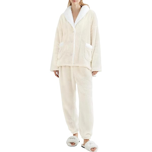 Fluffy Pajamas Set for Women Fleece Long Sleeve Tops 2 Piece Pjs