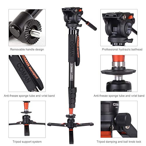Monopod with Feet, Coman Professional Video Monopod with Tripod Stand 68.8 inch for Cameras, Canon, Nikon, Sony, DSLR, Video Camcorder