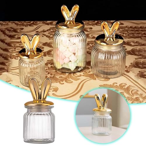 Glass Easter Candy Jars with Ceramic Bunny Ear Lids, Easter Decorations,Sealing Bunny Glass Jars Storage for Mini Eggs, Cookies, Sweets,Tray, Table Centerpiece, Kitchen, Home Spring Decor (1PC)