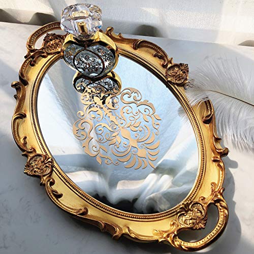 Zosenley Decorative Mirror Tray, Floral Vanity Organizer for Makeup, Jewelry, Perfume and Decor, Vintage Oval Display and Serving Tray for Dresser, Counter and Coffee Table, Gold