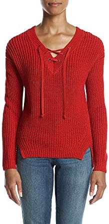 Ruff Hewn Petites' Lace Up V-neck Sweater Haute Red Petite X-Large