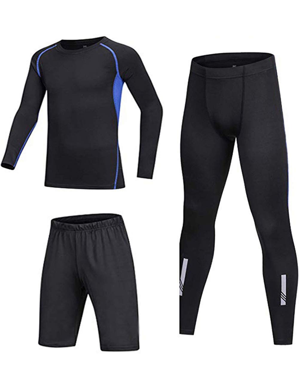 BUYKUD Kids' Boys 3PCS Long Sleeve Base Layer Compression Athletic Shirt Tights Top & Bottom Thermal Underwear Sports Set, 6-7 Yrs, Blue/Reflective Strip