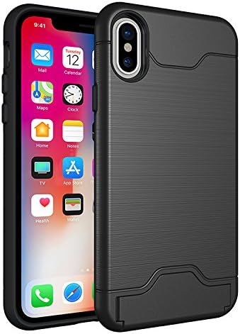 Iphone X Case,iphone x case card,Material TPU+PC with drop-resistant, non-slip, shockproof, can be contained with card casings/holders and cash, installed with supportive stand(Black)