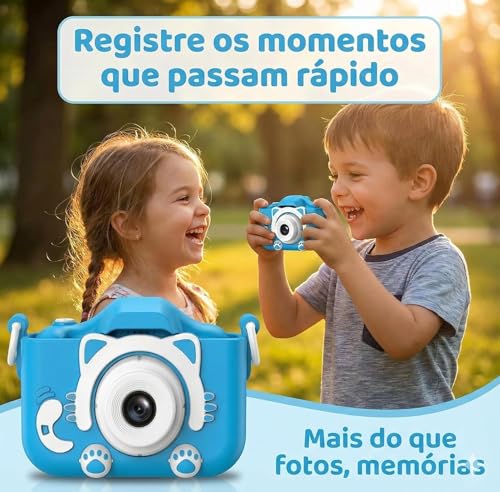 Câmera Digital Infantil Gatinho Recarregável, Azul | Bateria USB, Gravação de Fotos e Vídeos HD, Design Seguro e Resistente, Antichoque, Presente Educativo e Divertido