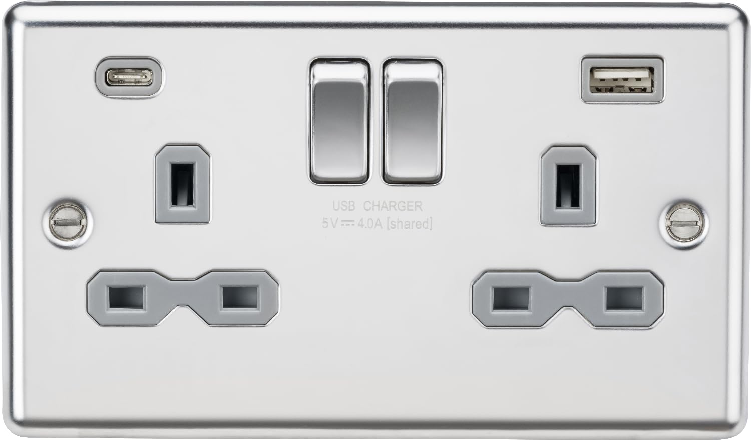 13A 2G SP Switched Socket with dual USB C+A 5V DC 4.0A [shared] - Polished Chrome with grey insert