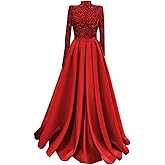 High Neck Mermaid Prom Dresses 2024 Long Sleeves Sequin A-Line Satin Split Formal Evening Party Gowns with Train