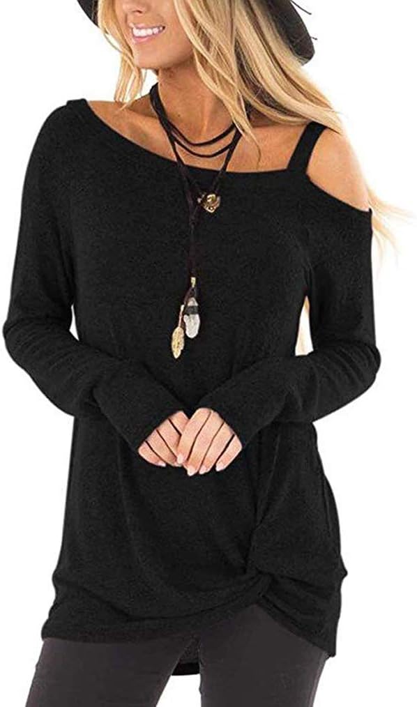 Women's Casual Solid T Shirts Cold Shoulder Side Twist Knot Tunics Tops