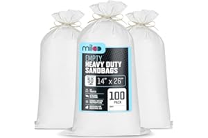 MILOO White Sand Bags for Flooding - Empty Sandbags Heavy Duty Outdoor with Tie Strings for Flood Control - 50lb Capacity 1600 Hours of UV Protection Woven Polypropylene Bags - 14 x 26 Inches Pack of 100
