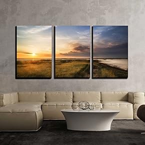 3 Piece Canvas Wall Art - Beautful Summer Sunset Landscape Over Wetlands and Harbour - Modern Home Art Stretched and Framed Ready to Hang - 16"x24"x3 Panels