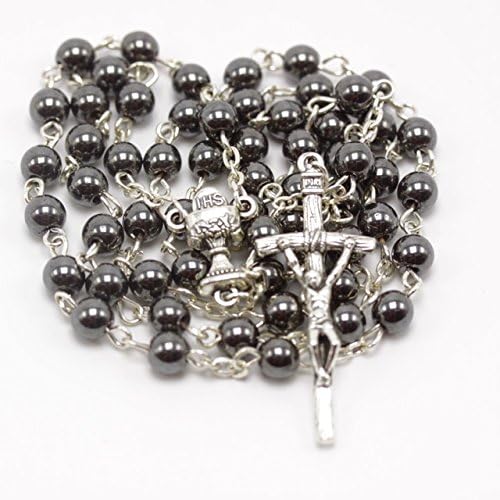 Black Hematite Rosary, 6 mm beads, 20" length, 1 3/4" crucifix, Beautiful First Communion or Confirmation Gift