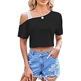 JDEEO Women's One Shoulder Crop Top Short Sleeve Summer Casual Tee Off Shoulder Asymmetrical Tops