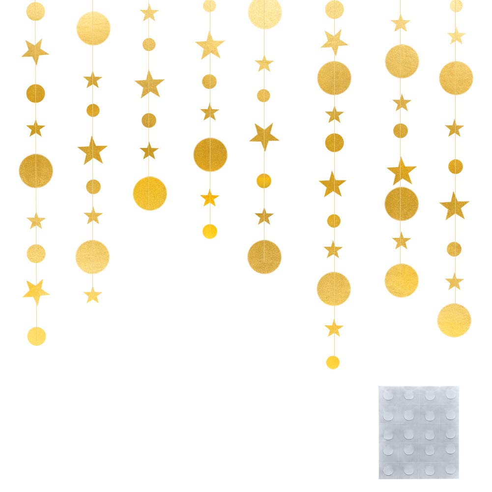 QincLing 39.3 Fts Gold Twinkle Little Star Party Garlands, Circle Dot Garland Streamer Kit Star Party Decorations Gold Circle Garland Bunting Banner Hanging Backdrop Decorations for Birthday Wedding