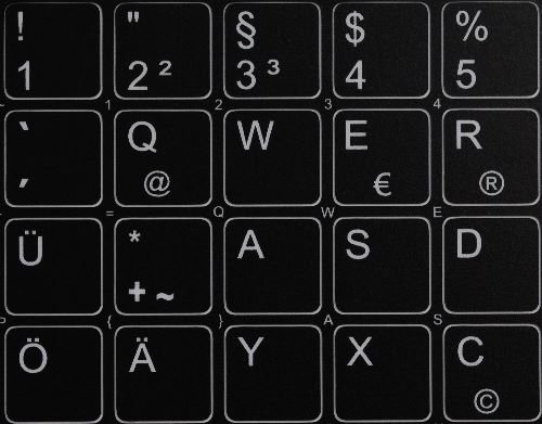 GERMAN KEYBOARD STICKERS BLACK BACKGROUND (14x14) FOR DESKTOP, LAPTOP AND NOTEBOOK