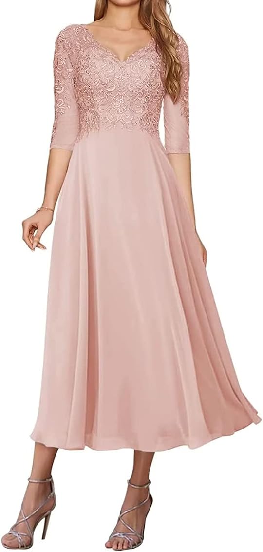 Amazon.com: Women's V Neck Mother of The Bride Dresses with Sleeves Lace  Chiffon Tea Length Formal Dress Evening Party Gown Blush Pink 2 : Clothing,  Shoes u0026 Jewelry