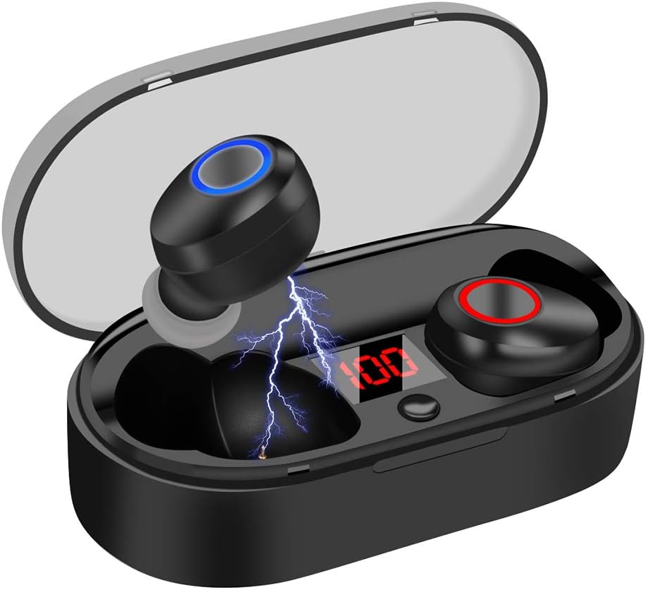 Wireless Headphones 16H Playtime with Volume Control, Bluetooth 5.0 Headphones Auto-Off with Charging Case, HEMRLY Stereo Sound Wireless Earbuds Noise Cancelling with Microphones for Sports - Black