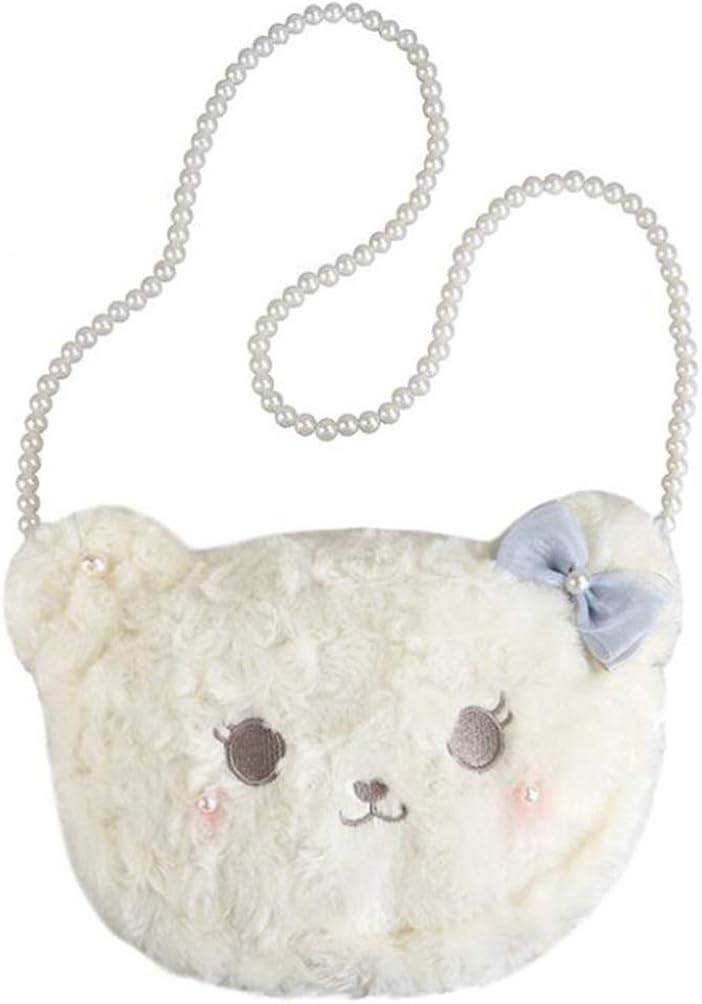 VALICLUD Plush Doll Bag Lolita Crossbody Bag with Pearl Chain Winter Handbag Cosplay Photo Props, White, 25X19CM