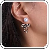 Erimberate Bohemian Bow Pearl Jacket Earrings Silver Crystal Bow Dangle Earrings Small Cz Bow Tie Drop Earrings Round Pearl Stud Earrings Jewelry for Women Gifts